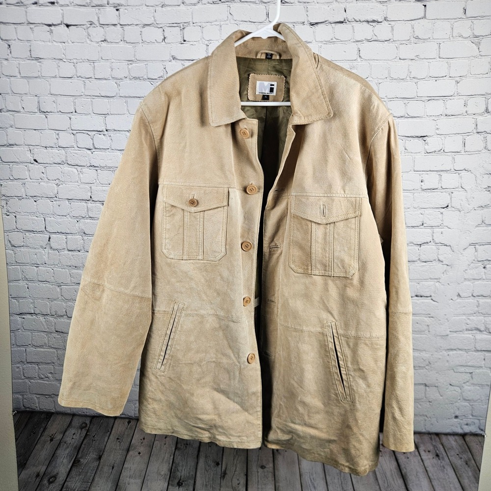 Modern Images Mens XL Tan Suede Leather Jacket Plaid Lined Chore Field Coat